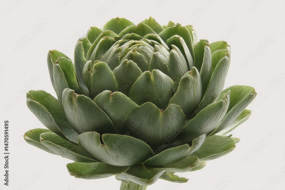 A single artichoke, vibrant green, sits against a stark white background. A single artichoke, vibrant green, sits against a stark white background.