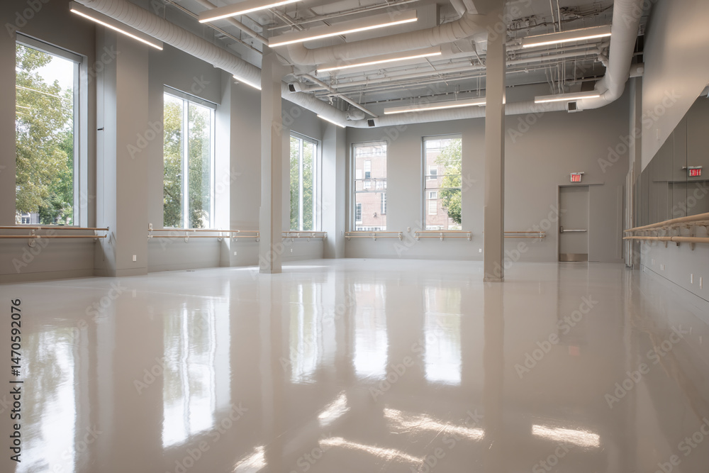 Fototapeta premium Spacious dance studio with polished floor, large windows, and ballet barres, showcasing bright, airy ambiance ideal for dance classes or rehearsals