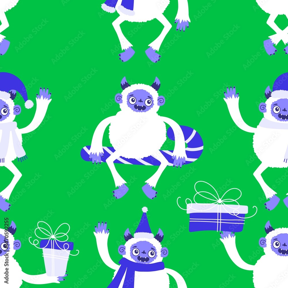 Naklejka premium Winter monsters seamless Christmas yeti pattern for wrapping paper and fabrics