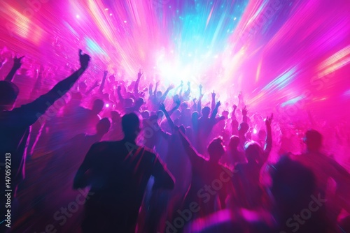 purple dynamic shot of a rave crowd, jumping in unison to the electronic music. dancing people at a party, neon colors. 