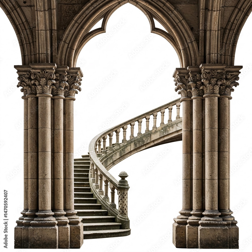Fototapeta premium Ancient stone gothic staircase, isolated on a white