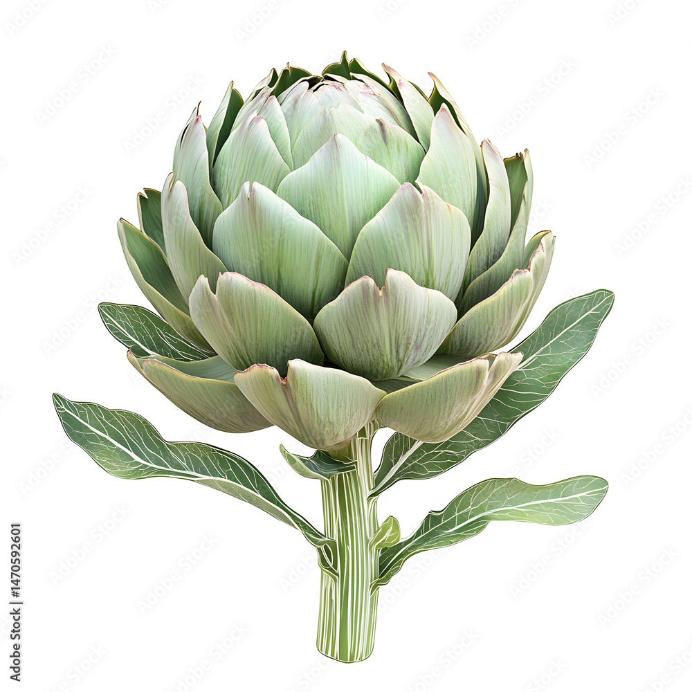 Artichoke with layered leaves and detailed choke tips, slight asymmetry for realism, clean cut-out on white. Artichoke with layered leaves and detailed choke tips, slight asymmetry for realism, clean cut-out on white.