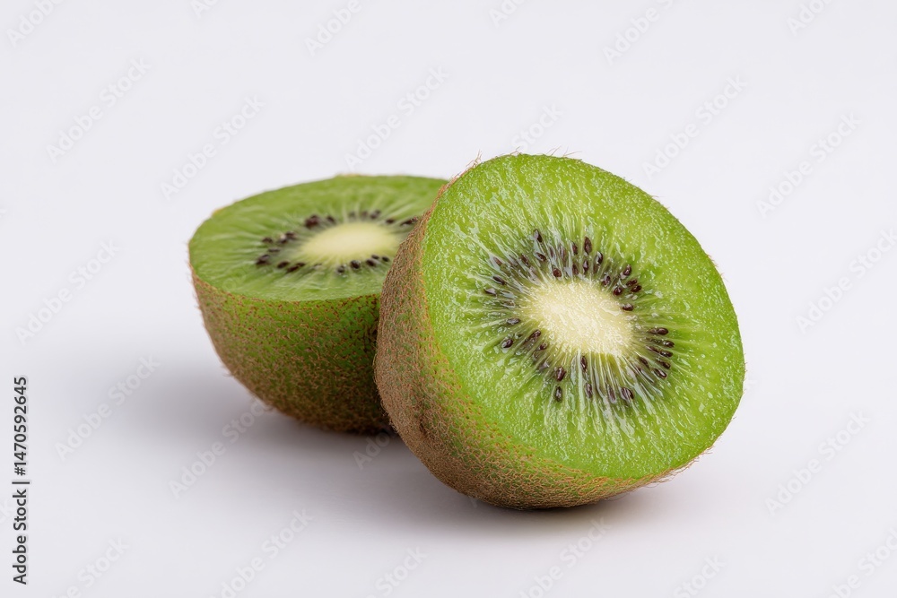 Fototapeta premium Two juicy kiwi fruit halves on a white background.