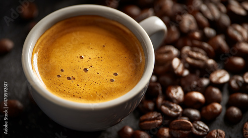 Close-up of espresso in gray cup, crema texture visible, surrounded by coffee beans, showcasing rich aroma and coffee culture, ideal for beverage advertising