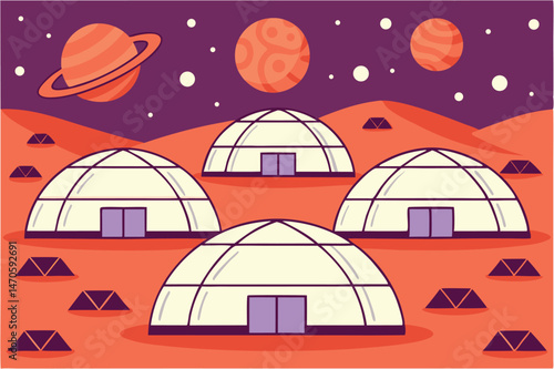 Futuristic Mars Colony: Domed Habitats on the Red Planet, Surrounded by Other Celestial Bodies, Symbolizing Space Exploration and Human Settlement.