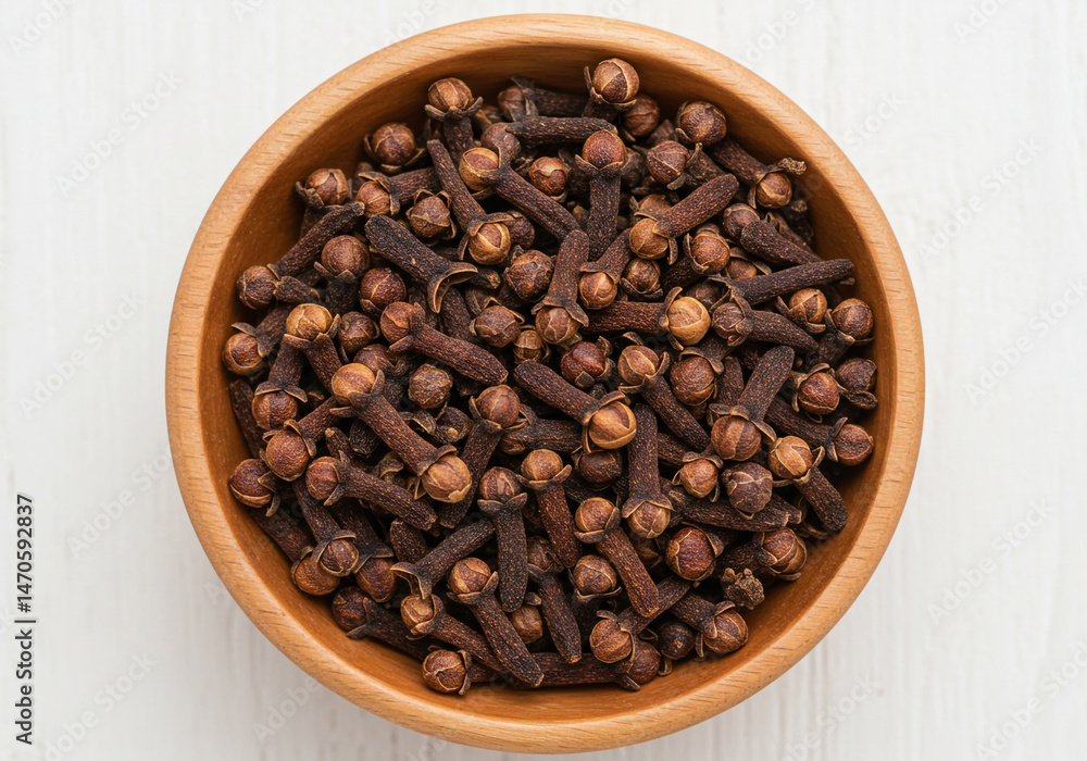 Fototapeta premium Close-Up of Organic Brown Clove Spice in Wooden Bowl for Cooking and Herbal Use