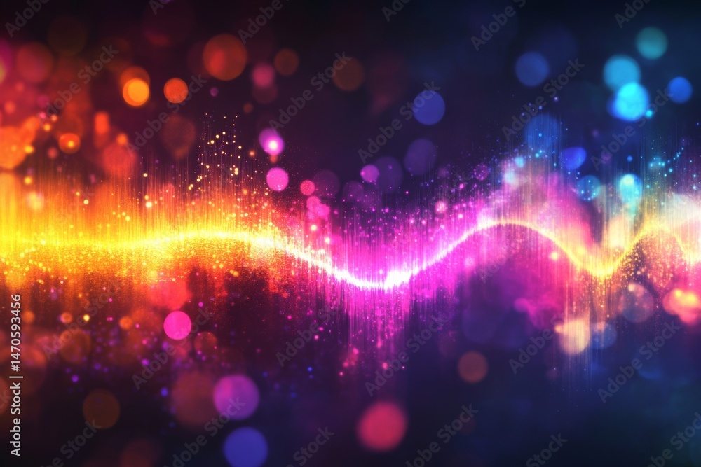 Obraz premium neon banner of sound waves pulsing through the air, with varying colors and frequencies vibrant illustration on black background with copy space. Glowing audio simulation. AI app for music composing.