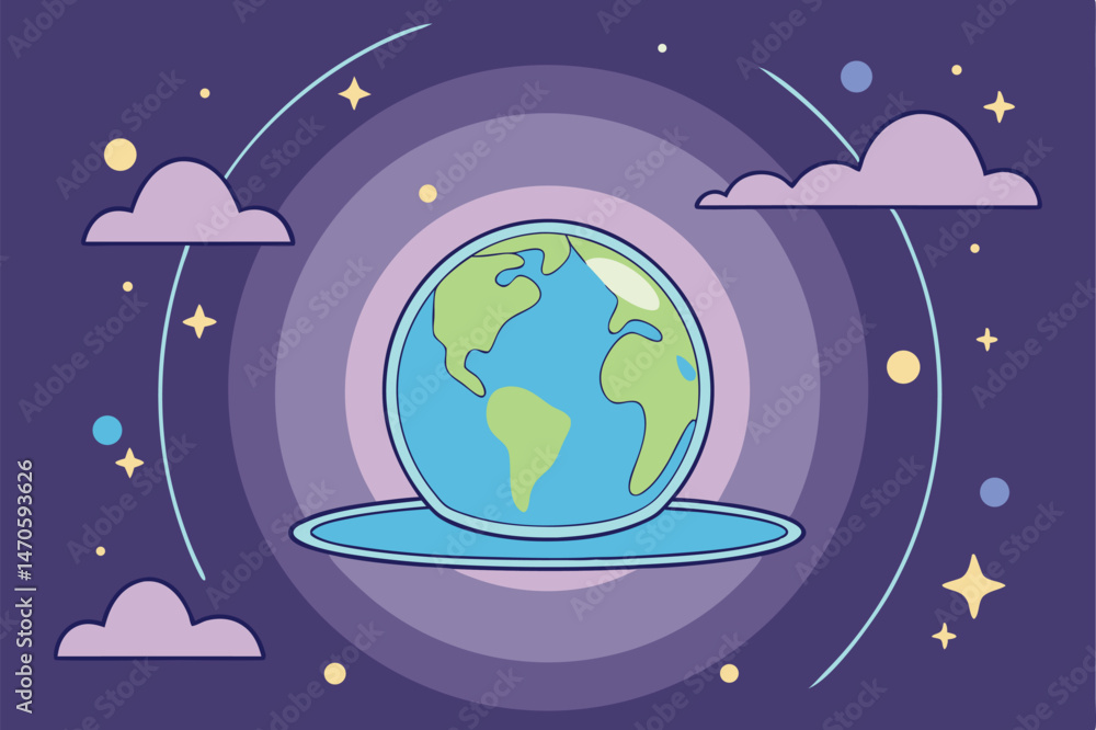 Naklejka premium Floating Earth Globe: Stylized Planet Earth Suspended in a Cosmic Environment with Clouds and Stars, Representing Global Harmony and Celestial Wonder.