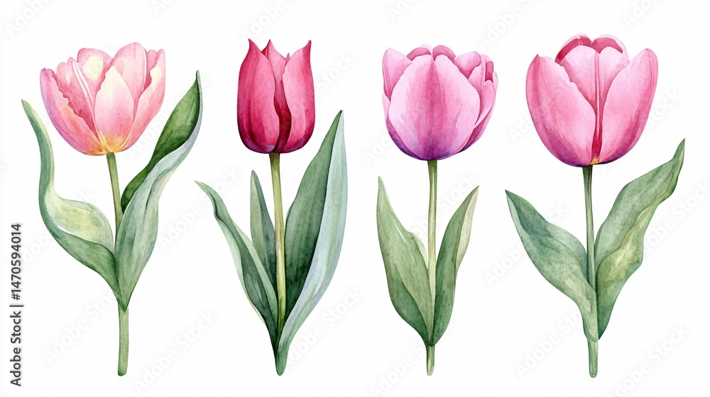 Obraz premium Exquisite Watercolor Bouquet with Pink Tulips, Rose, and Leaves