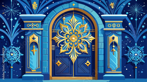 Ornate Blue Door with Gold Snowflake Detail