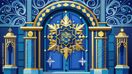 Ornate Blue Door with Gold Snowflake Detail