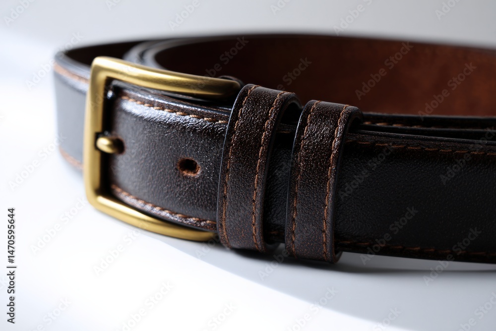 Close-up of a dark brown leather belt with a brass buckle. The stitching detail is visible. Close-up of a dark brown leather belt with a brass buckle. The stitching detail is visible.