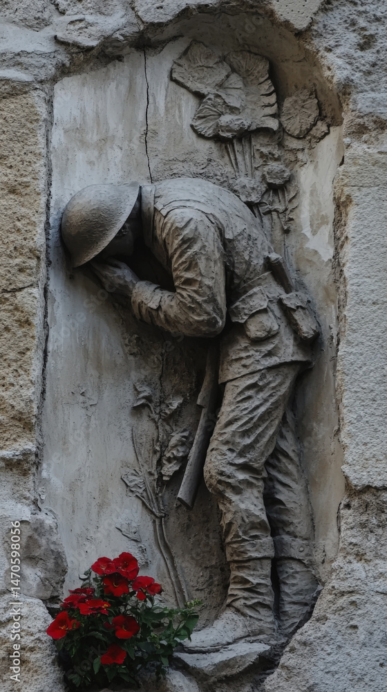 Fototapeta premium A weathered stone relief sculpture depicts a soldier in a helmet, hunched over in grief or exhaustion, embedded in a wall. A small offering of red flowers rests at his feet, creating a poignant memori