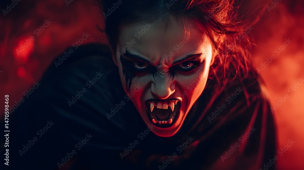 Woman dressed as a spooky vampire with a dark cape and fangs Woman dressed as a spooky vampire with a dark cape and fangs