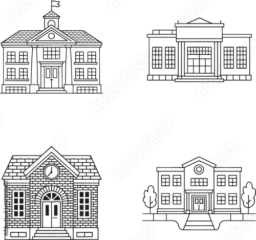 School building Outline set vector illustration isolated On Transparent Background