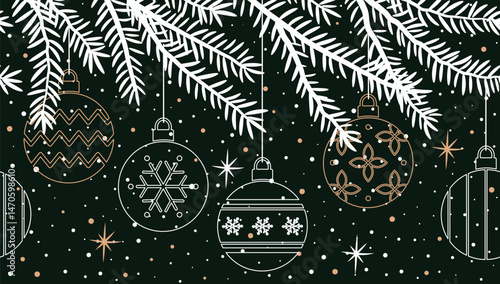 Christmas Seamless Border. Holiday Banner. Fir Tree Branches with Christmas Ball Ornaments, Snow. Drawing on Window, Template. Merry Christmas Design. White, Golden Silhouettes on Black Bg. Vector