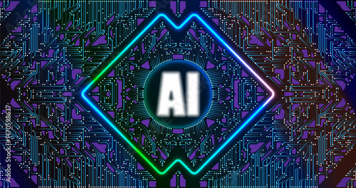 The central microchip with the inscription is surrounded by glowing conductors, creating a cyber-tech style. The dark background and neon lighting emphasize the effect of the motherboard of the future