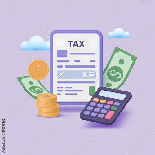 Cute 3d tax form illustration with money calculator and clouds on purple background