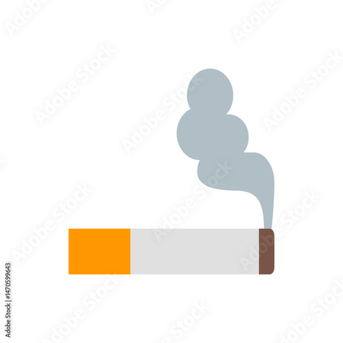 A cartoon style illustration of a lit cigarette with an orange filter and rising smoke on a white background
