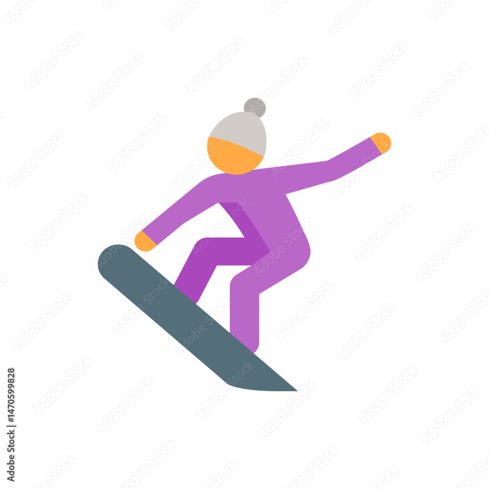 Obraz premium Person in purple suit snowboarding with gray snowboard and hat on a white background in simple style