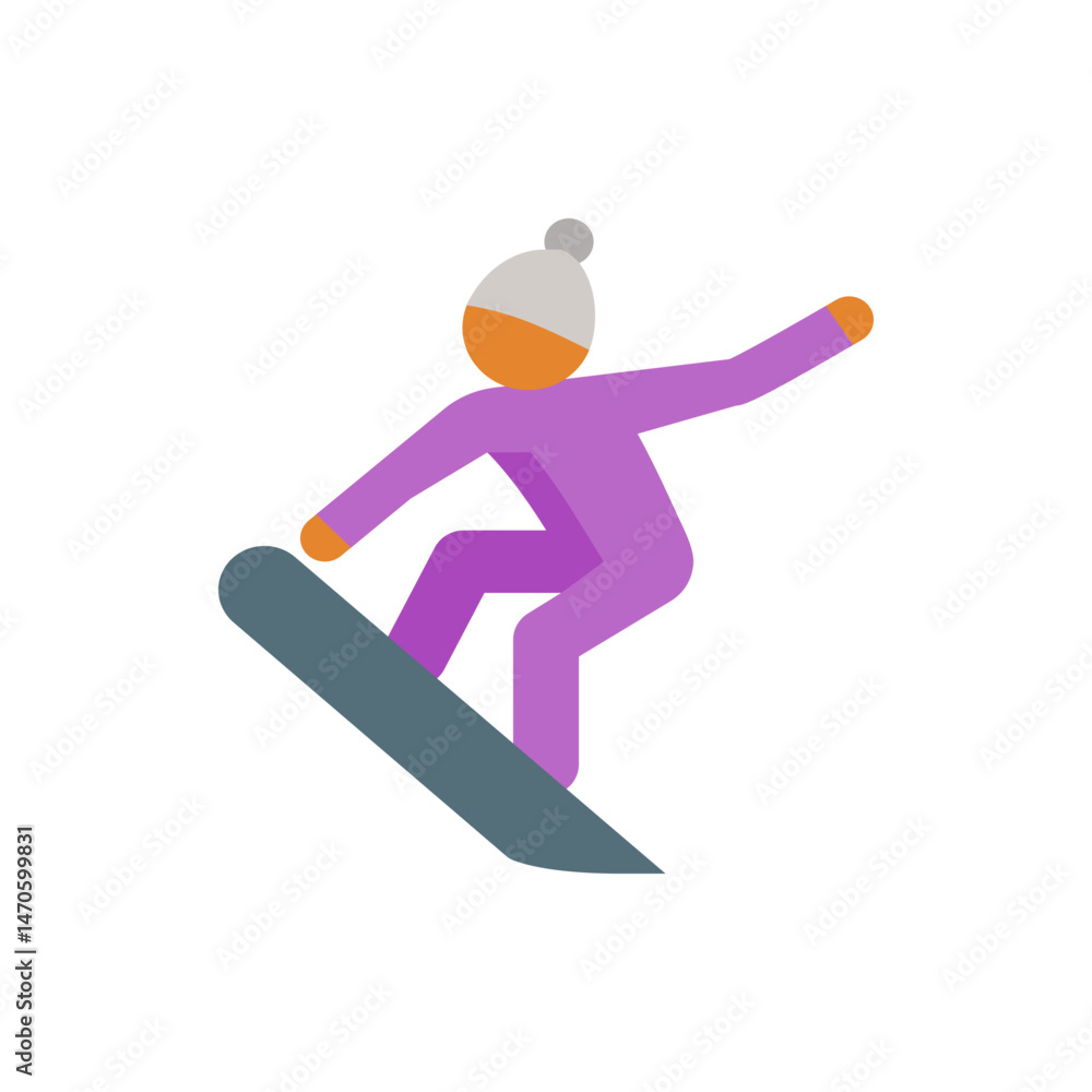 Obraz premium Person in purple suit snowboarding with a gray board and wearing a white hat with a gray pom pom on top