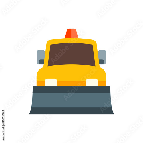 Illustration of a yellow snowplow with a gray blade and an orange light on top facing forward view
