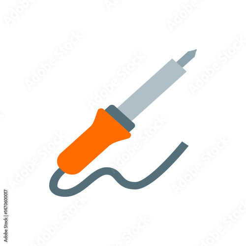 Illustration of a soldering iron with an orange handle and a gray metal tip and wire on a white background