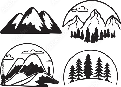 a collection of silhouetted mountains, a mountain range, mountain peaks, snowy mountains, rocky cliffs, rugged terrain, monochrome landscape, abstract mountain shapes, minimalist mountain icons, simpl
