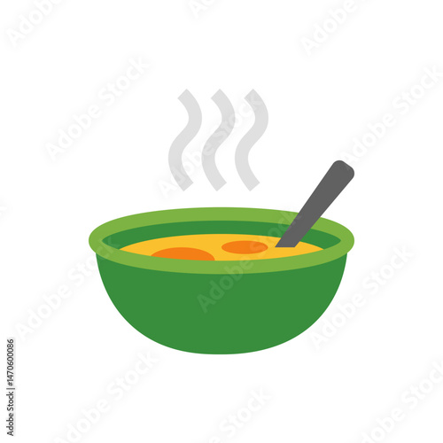 A green bowl filled with hot soup and a spoon with steam rising above it on a white background view