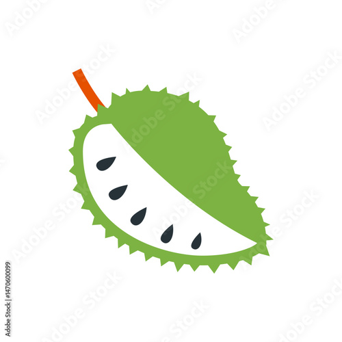 Illustration of a sliced soursop fruit with green spiky skin and black seeds on a white background view
