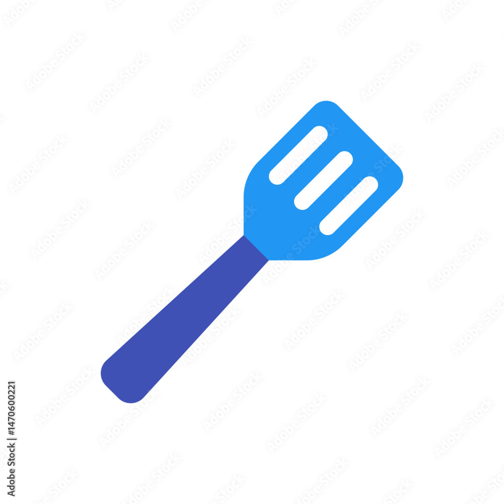Illustration of a blue slotted spatula with a dark blue handle on a white background showing cooking tool Illustration of a blue slotted spatula with a dark blue handle on a white background showing cooking tool
