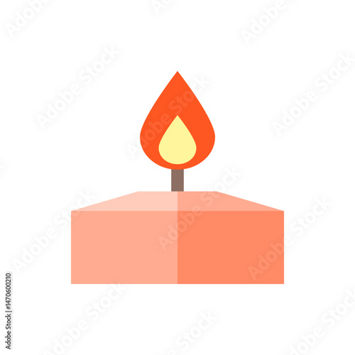 Illustration of a square candle with a bright orange flame and a small wick on a white background