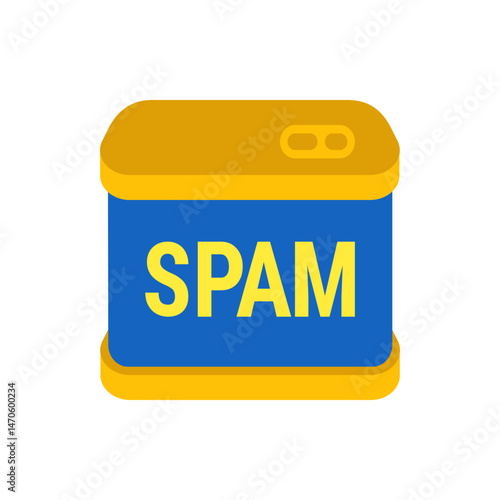 Illustration of a blue and yellow spam can with the word spam written in yellow on the blue portion of it