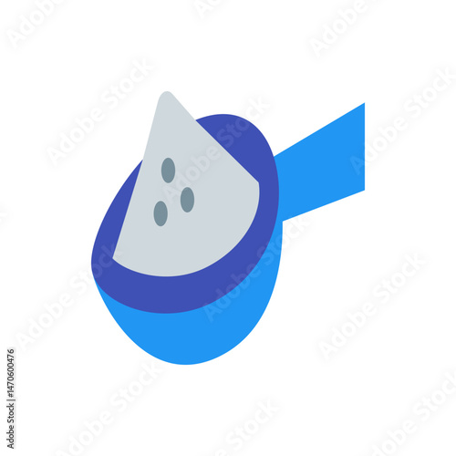 A cartoon style illustration of a blue measuring spoon filled with a grey wedge shaped ingredient