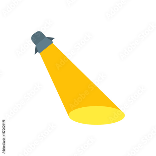 Illustration of a spotlight with a gray fixture and a bright yellow beam shining downwards on white background