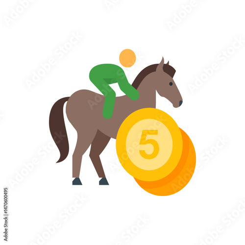 Illustration of a horse with a green jockey and gold coins with the number five on a white background