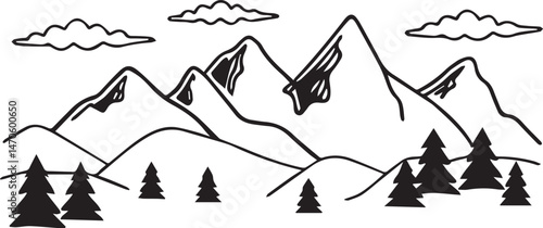 a collection of silhouetted mountains, a mountain range, mountain peaks, snowy mountains, rocky cliffs, rugged terrain, monochrome landscape, abstract mountain shapes, minimalist mountain icons, simpl