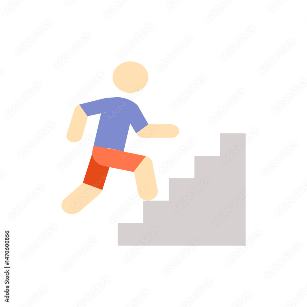 Illustration of a stick figure wearing a blue shirt and orange shorts climbing up a set of gray stairs Illustration of a stick figure wearing a blue shirt and orange shorts climbing up a set of gray stairs
