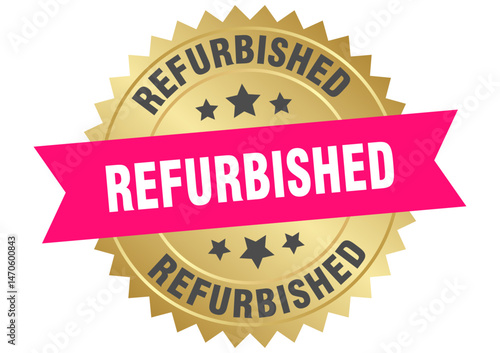 refurbished. refurbished round pink and gold label isolated on transparent background