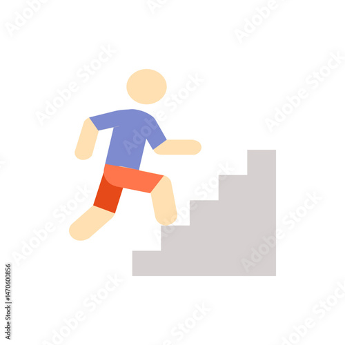 Illustration of a stick figure wearing a blue shirt and orange shorts climbing up a set of gray stairs