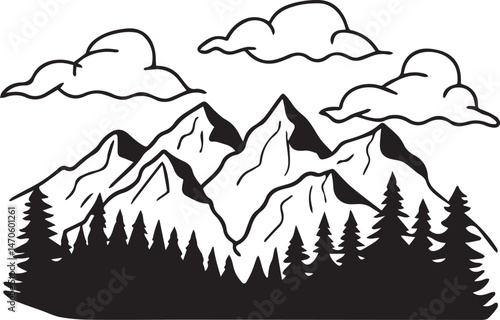 a collection of silhouetted mountains, a mountain range, mountain peaks, snowy mountains, rocky cliffs, rugged terrain, monochrome landscape, abstract mountain shapes, minimalist mountain icons, simpl