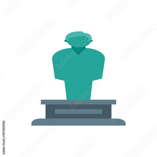 Illustration of a teal statue of a person on a gray pedestal with a rectangular plaque displayed centrally