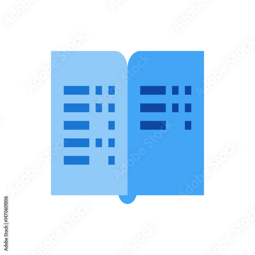 Abstract representation of two blue squares with horizontal lines and small squares on each square side