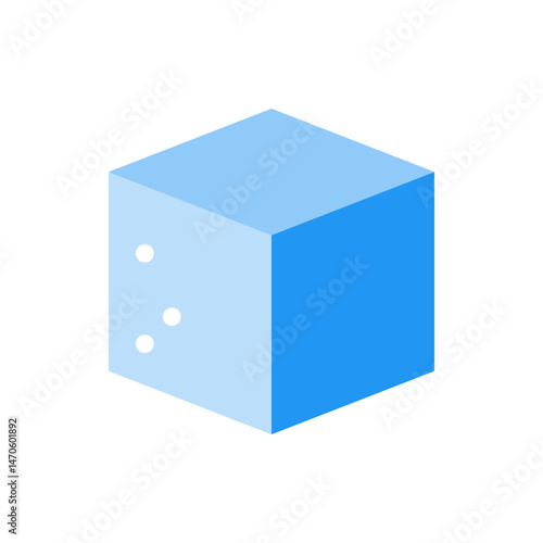 Isometric blue cube with three white circles on its side casting shadows on a white background view