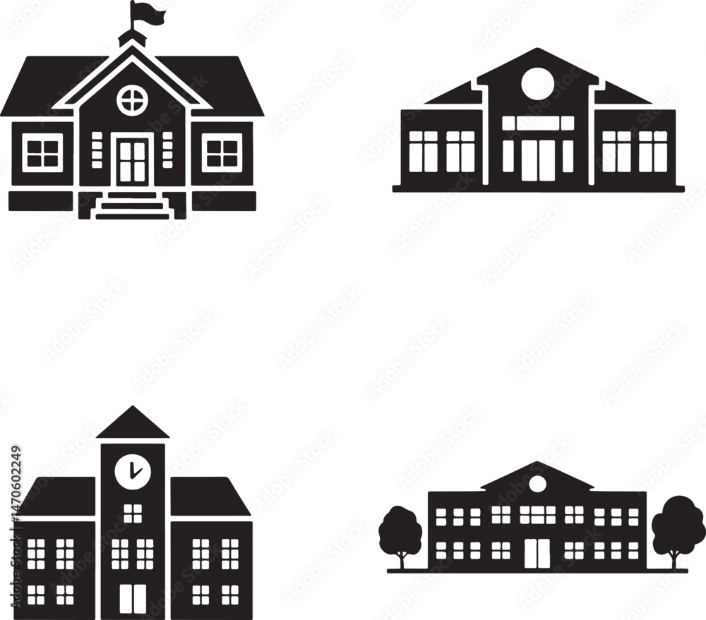 Fototapeta premium School building silhouette set vector illustration isolated On Transparent Background