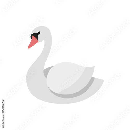 Illustration of a swan with a long neck and white feathers and a black beak with a pink tip isolated