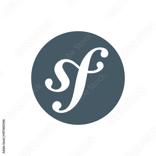 White stylized sf monogram logo design on a gray circle background with rounded terminals and elegant curves