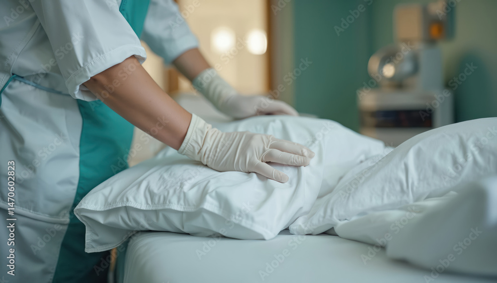 Hospital worker in uniform prepares patient bed. Pro housekepping staff arranging fresh clean linen. Health care service, hygiene and cleanliness. Patient room interior. Hospital worker in uniform prepares patient bed. Pro housekepping staff arranging fresh clean linen. Health care service, hygiene and cleanliness. Patient room interior.