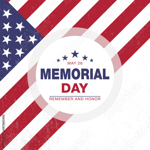 May 26 is Memorial Day. Great for posters, banners, social media and more. Dark blue background.