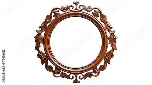 A circular brown frame with intricate decorative patterns carved along its smooth, rounded edges isolated on white background or transparent png 